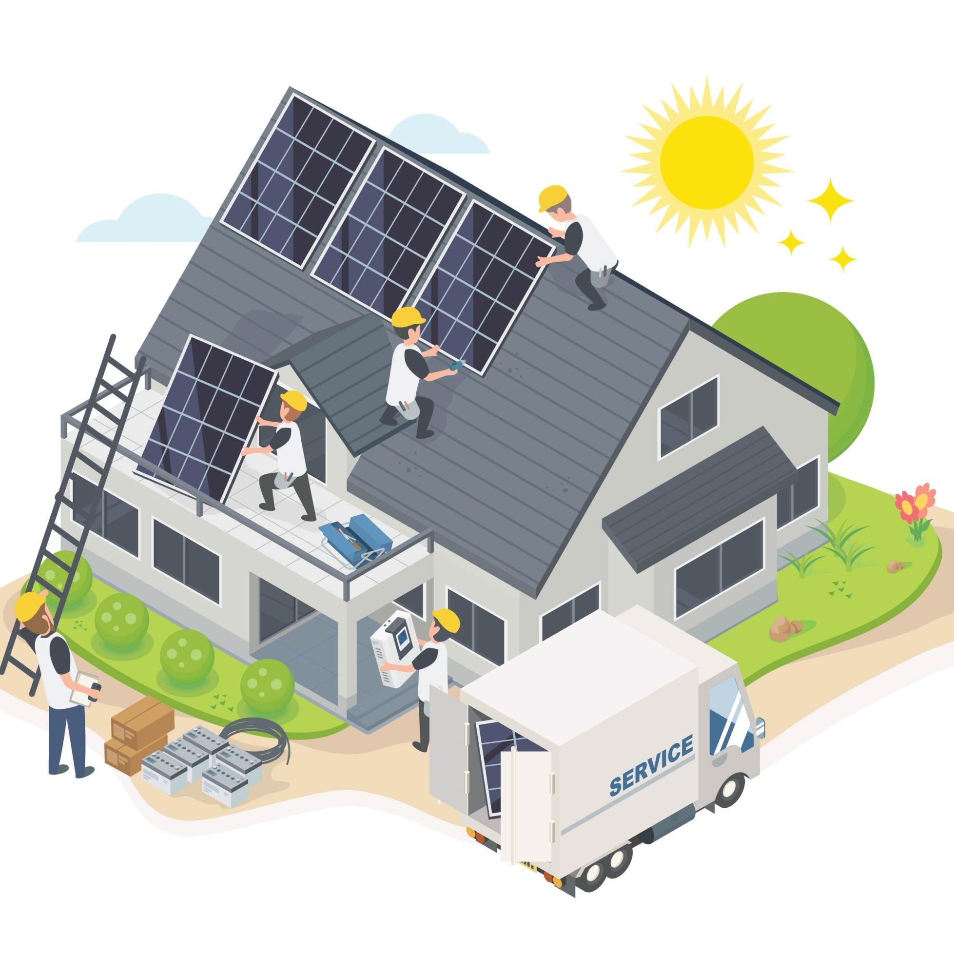 A cartoon image of solar power technicians installing a solar panel system